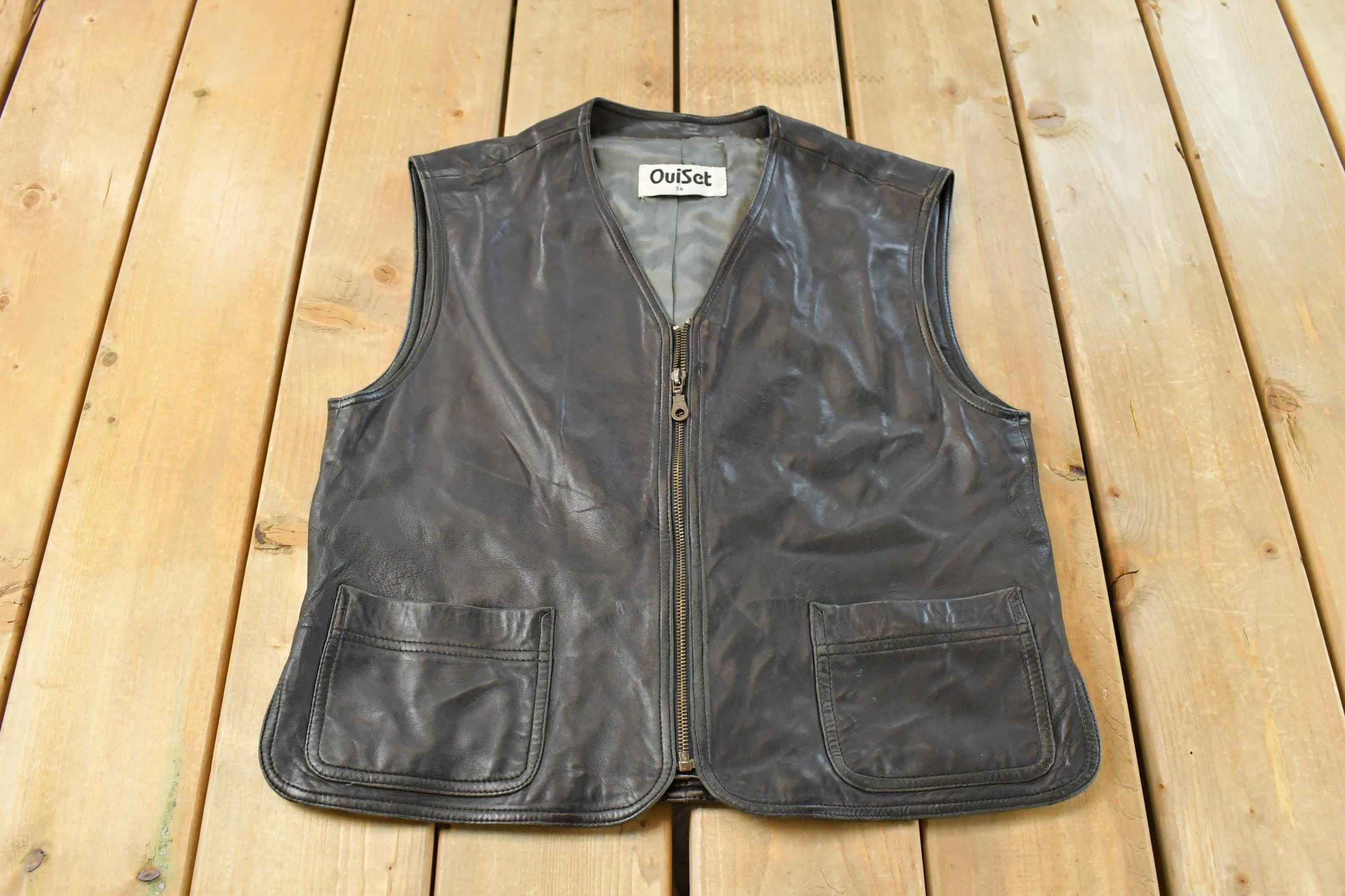 Vintage 1990s Ouiset Leather Motorcycle Vest Jacket Men's S