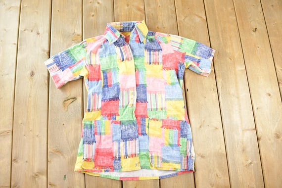 Vintage 1990s Colour Block Patchwork Button Up Sh… - image 1