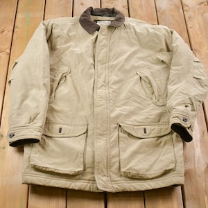 Vintage 1990s LL Bean Chore Jacket / Workwear / Streetwear / Chore Coat / 90s / Beige Chore Coat / Distressed  / Union Made