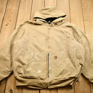 Vintage 1990s Carhartt Hooded Work Jacket / Workwear / Streetwear / Lined Jacket / Distressed Carhartt / Tan Carhartt Jacket
