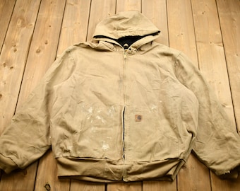 Vintage 1990s Carhartt Hooded Work Jacket / Workwear / Streetwear / Lined Jacket / Distressed Carhartt / Tan Carhartt Jacket