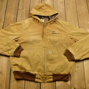 Vintage 1990&#39;s Carhartt Hooded Work Jacket / Workwear / Streetwear / Made In USA / Blanket Lined Jacket / Distressed Carhartt / Tan Jacket