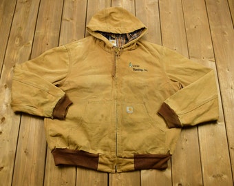 Vintage 1990's Carhartt Hooded Work Jacket / Workwear / Streetwear / Made In USA / Blanket Lined Jacket / Distressed Carhartt / Tan Jacket