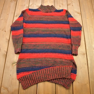 Vintage 1990s Long Striped Knitted Turtleneck Sweater / Vintage 90s Knit / All Over Pattern / Colorful Sweatshirt / Abstract Pattern