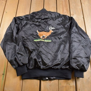 Vintage 1980s Deer Embroidered Satin Bomber Jacket / Snap Button / Streetwear / Souvenir Jacket / Made In USA / Streetwear