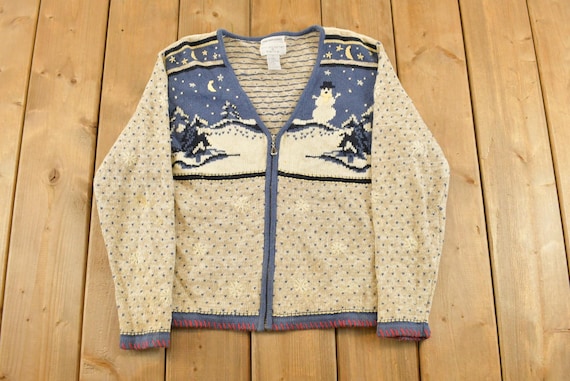 Vintage 1990s Christopher & Banks Hand Embroidered Knit Full Zip Sweater Women's Small / Knit Cardigan / Winter Landscape