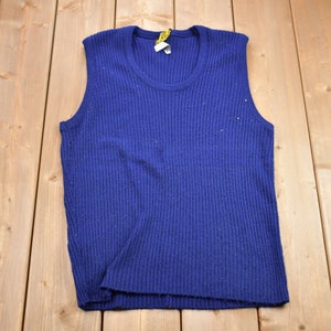 May include: A blue sleeveless knitted sweater vest with a ribbed texture.