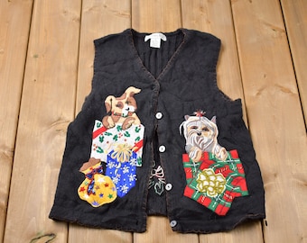 Vintage 1990s Arriviste Cute Dog Embroidered Knitted Vest / Vintage 90s Vest / Pattern Sweater / Outdoor / Hand Knit / Pullover Sweater Vest