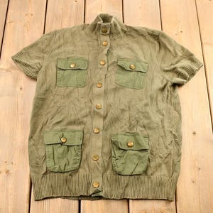 Vintage 1990s Women&#39;s Ralph Lauren Olive Drab Green Knit Short Sleeve Button Up Sweater / Vintage Ralph Lauren / Military Style