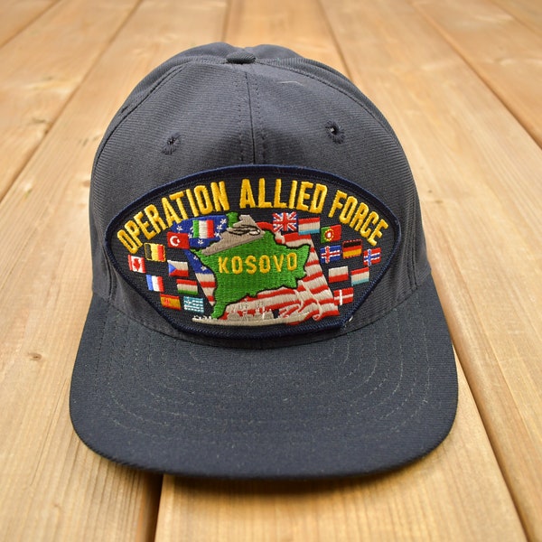 Vintage 1990s Operation Allied Force Kosovo Military Snap Back Hat / OSFA / Made In USA / Snap Back / Souvenir Cap / Embroidered Patch