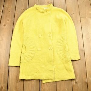 Vintage 1980s Knitted Blank Yellow Long Cardigan Sweater / Vintage 90s Knit / Button Up Sweatshirt / Cozy Sweater