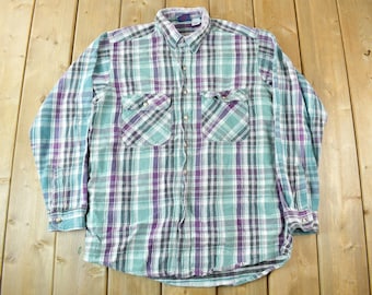 Vintage 1990s Dakota Plaid Button Up Flannel Shirt / Button Down / 90s Flannel / Size Large Tall / Green & Purple