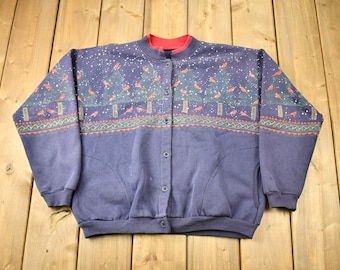 Vintage 1990s Winter Cardinal Theme Button Up Sweatshirt / 90s Sweater / Bird Sweater / Streetwear / Made In USA