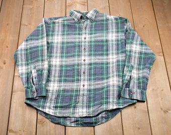 Vintage 1990s Lands End Plaid Button Up Shirt / 1990's Button Up / Vintage Flannel / Casual Wear / Workwear / Pattern Button Up