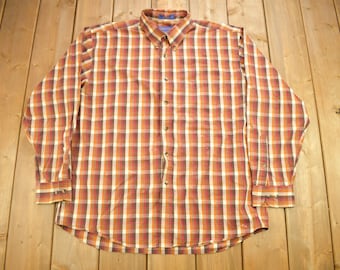 Vintage Pendleton Plaid Button Up Dress Shirt / Orange Plaid dress Shirt / Lightweight Flannel / Pendleton Shirt / Pendleton Woolen Mills