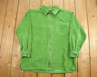 Vintage jaren 1990 groen corduroy shirt met rits / jaren 1990 zip-up / vintage flanel / corduroy shirt / North Crest shirt