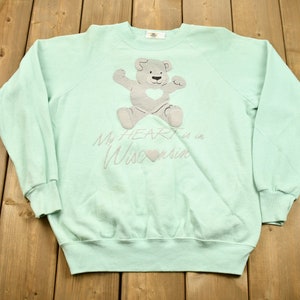 Felpa vintage anni '80 "My Heart Is In Wisconsin" con scollo a V raglan / Felpa con orsetto dei cartoni animati / Souvenir / Made in USA / Felpa pullover