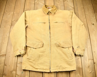 Vintage 1980s Harvest Almanac Chore Coat / Vintage Workwear / Streetwear / Beige Work Jacket / Distressed Chore Coat