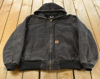 Vintage 1990s Carhartt Distressed Canvas Hooded Jacket Men's L Tall / Thrashed Sun Faded Work Wear / Y2K Americana