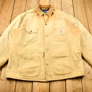 Vintage 1980s Carhartt Blanket Lined Chore Coat / Vintage Workwear / Made In USA / Tan Carhartt Jacket / Button Up / Distressed Carhartt