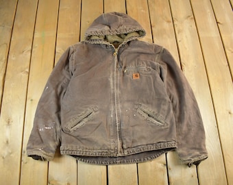 Vintage 2000s Carhartt Hooded Sherpa Lined Jacket Mens Large / Distressed Sun Faded / Y2K Coat / Brown Workwear Coat