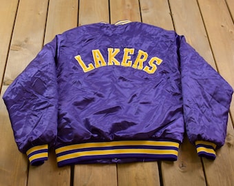 Vintage 1990s Lakers NBA Swingster Satin Bomber Jacket Embroidered Made In USA / Patchwork / Swingster Jacket / Snap Button