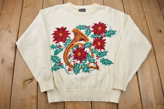 Vintage 1990s Southern Lady Flowers Tuba Knitted Sweater / Vintage 