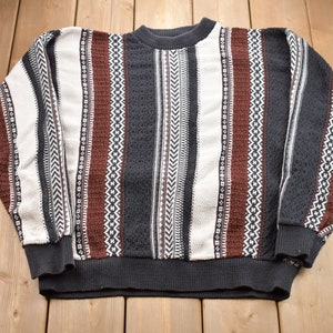 Vintage 1990s Croft & Barrow Striped Cable Knitted Sweater / Vintage 90s Crewneck / Pattern Sweater / Outdoor / Hand Knit / Made In USA