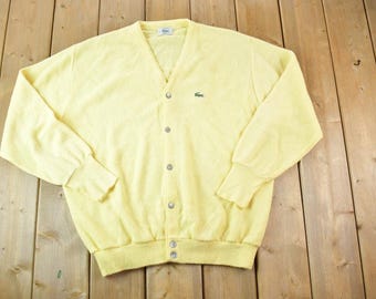 Vintage 1980s Lacoste Izod Knit Green Mini Crocodile Perfect Mild Distress Cardigan Sweater Made In USA