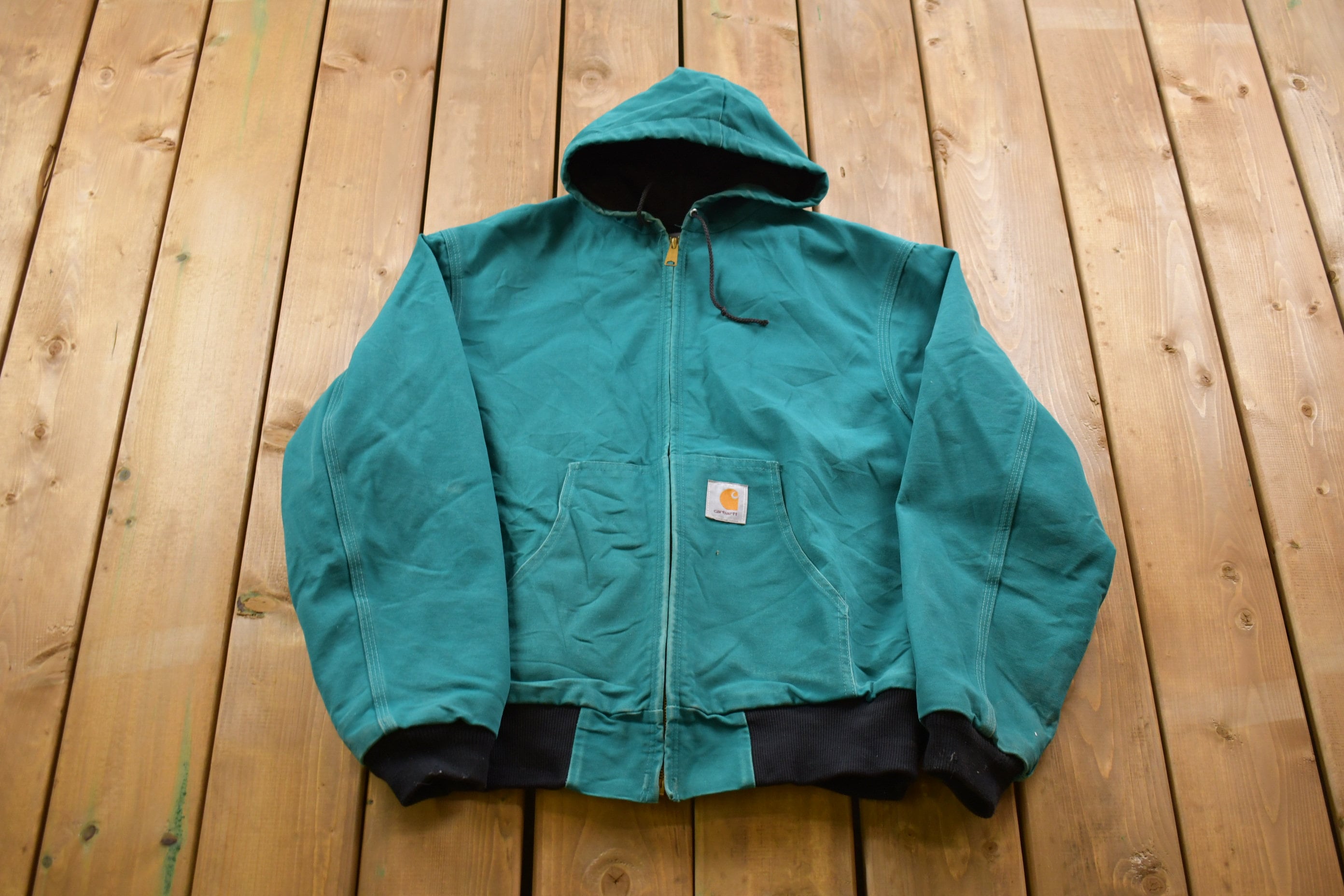 Vintage Hooded Carhartt Jacket Teal Quilted Lining Large Needs