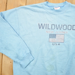 May include: Light blue long-sleeved sweatshirt with the text "WILDWOOD NEW JERSEY USA" and a small American flag graphic.