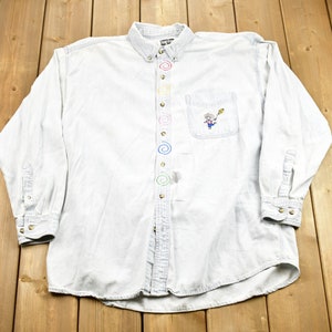 Vintage 1990s Cute Art Embroidered Button Up Shirt / Casual Apparel / Streetwear / Jean Shirt / Most Wanted / BS5