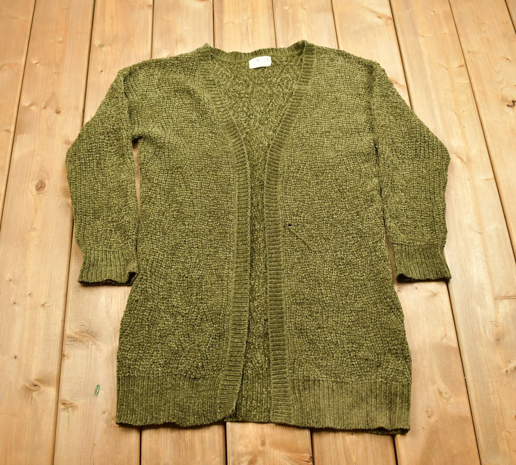 Vintage 1990s Poof Apparel Knitted Green Cardigan Sweater 