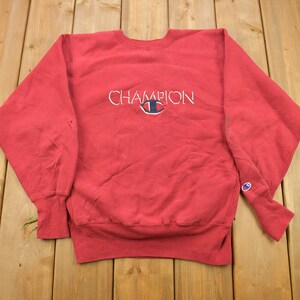 Vintage 1990s Red Champion Reverse Weave Crewneck / Embroidered / Vintage Champion / Streetwear / Made In USA / Sportswear