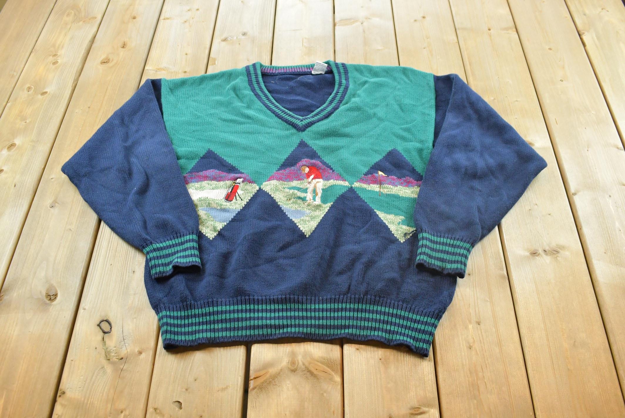 Vintage 1990s Golf Embroidered Cotton Knit Sweater Men's M / 90s Streetwear /Made in Hong Kong / Outdoorsman