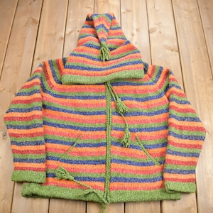 Vintage 1990s Rainbow Striped Wool Knit Zip Up Hoodie / Wool Sweater / Cone Hood / Abstract Knit / Trippy Sweater
