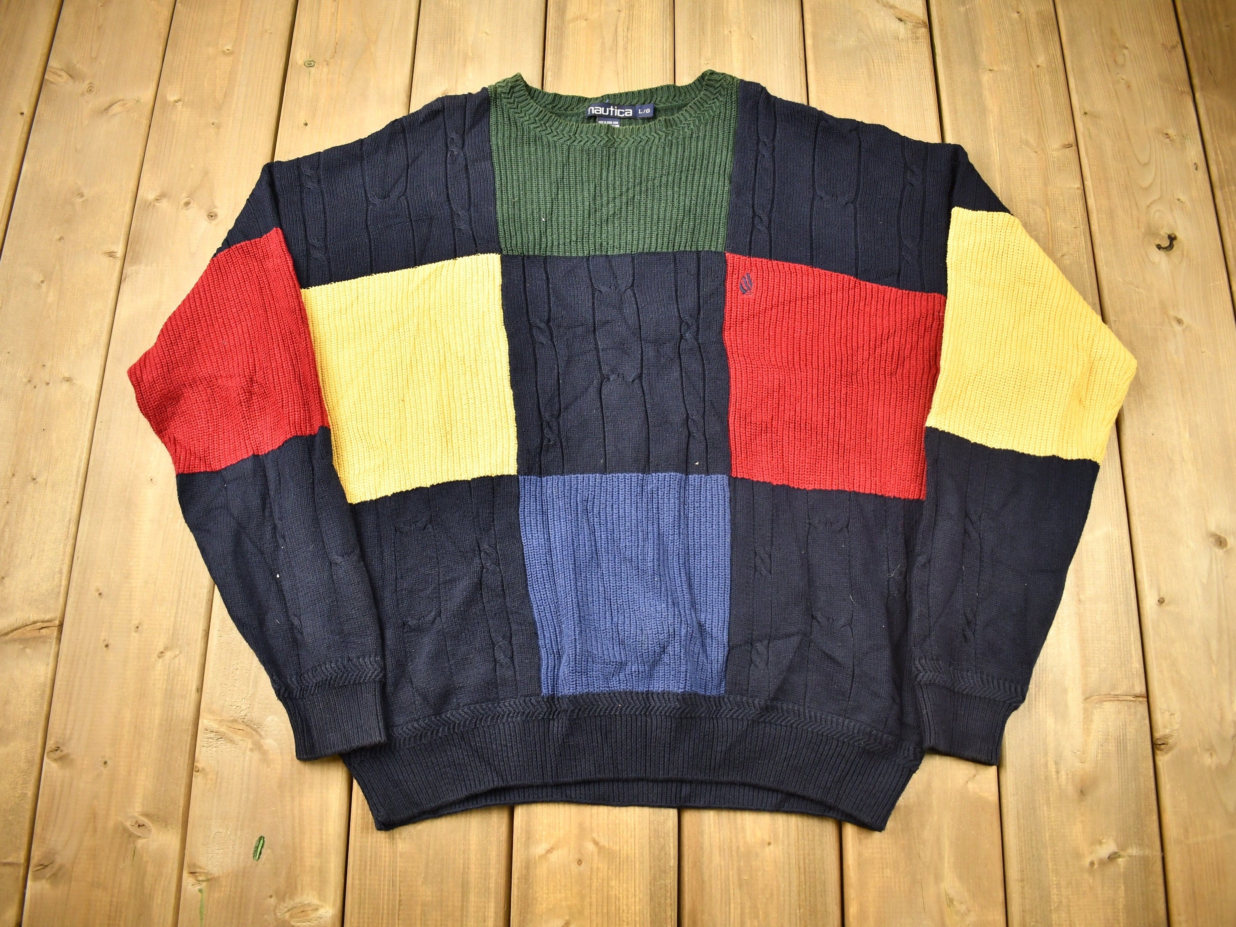 90〜00s Nautica ds knit black Vintage Nautica Hoodie Mens XL Black Blue Striped Knitted 1/4 Zip