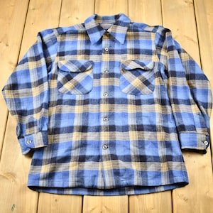 Vintage 1970s Pendleton Plaid Button Up Board Shirt / 100% Virgin Wool / Loop Button / Outdoor / True Vintage / Made In USA / Blue Flannel image 1