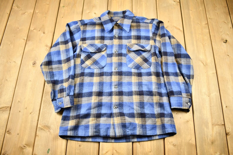 Vintage 1970s Pendleton Plaid Button Up Board Shirt / 100% Virgin Wool / Loop Button / Outdoor / True Vintage / Made In USA / Blue Flannel image 1