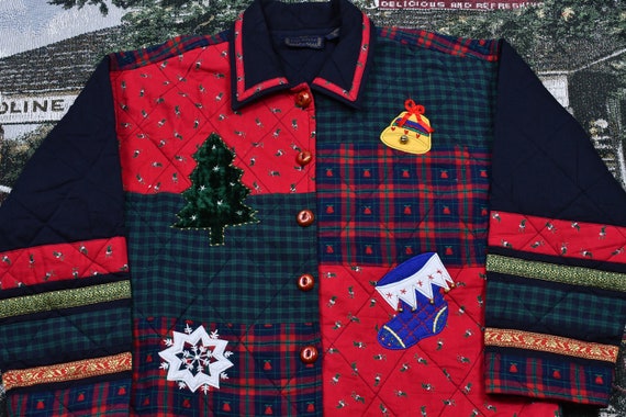 Vintage 1990s Christmas Graphic Patchwork Color B… - image 3