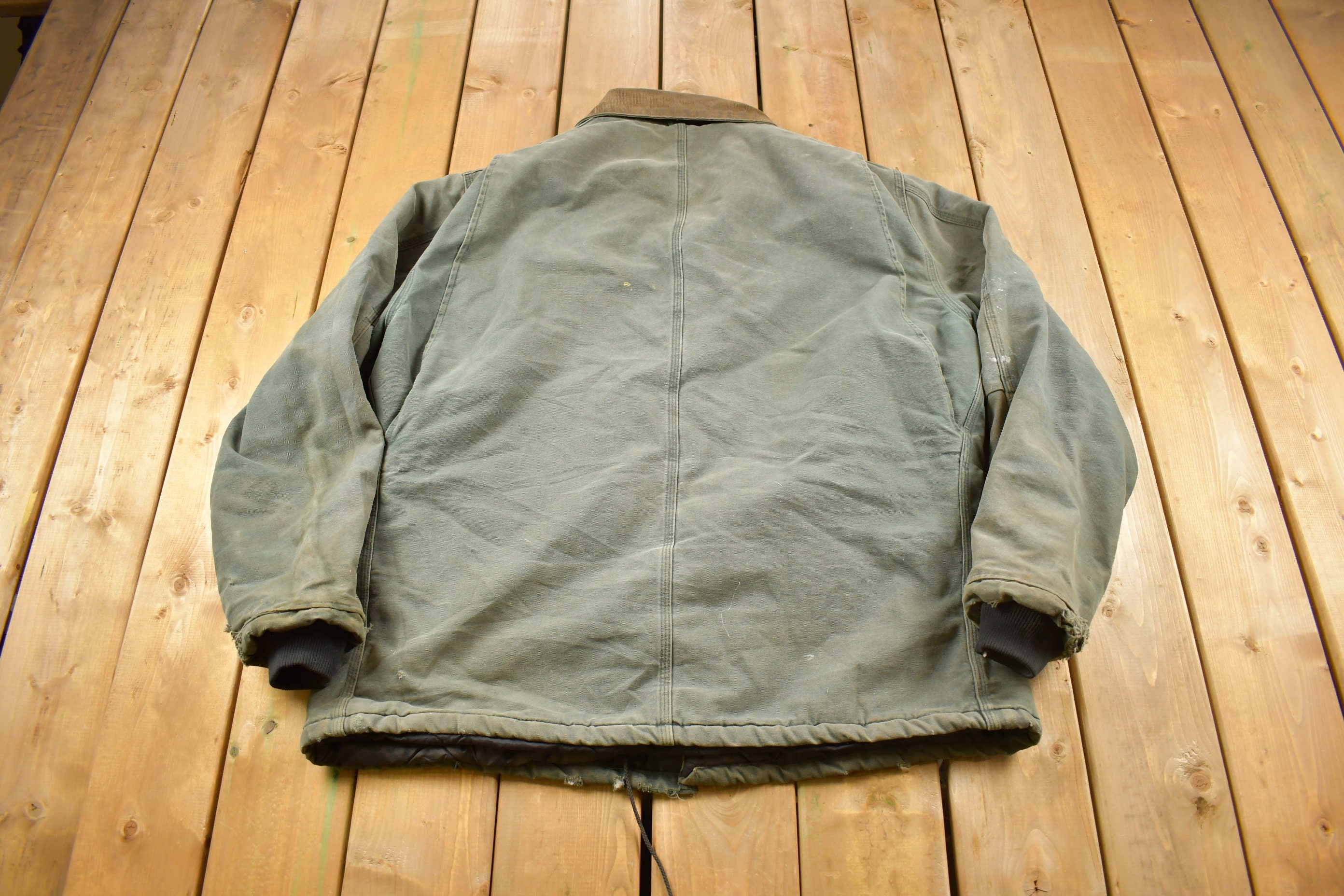 Vintage 1990s Faded Green Quilt Lined Thrashed Carhartt
