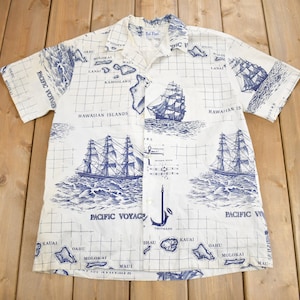 Vintage 1980s Kai Mani Hawaiihemd mit Segelkarte / Landkarte / Beachwear / Freizeitkleidung /Resort Wear / All Over Print