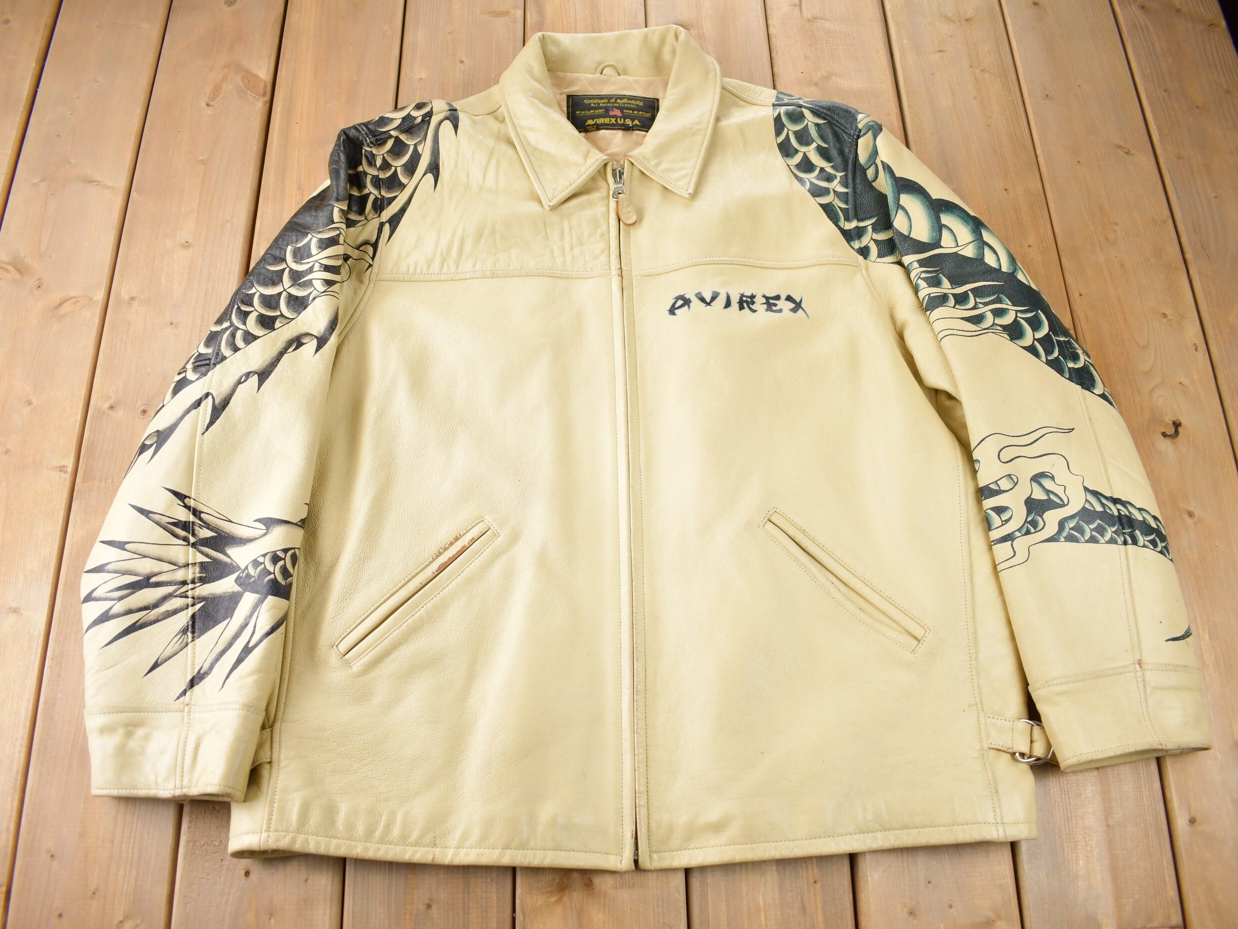 Vintage 1990s Avirex USA Japanese Dragons Graphic Leather Vintage 1990s Avirex USA Japanese Dragons Graphic Leather