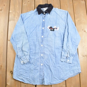 Vintage 1990s Take Nine Corduroy Collar Denim Button Up Shirt / Embroidered Dogs / Cute 1990s Button Up / Vintage Flannel / Basic Button Up