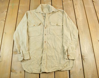 Vintage 1950s Military Khaki Button Up Shirt Men's Large / Army Shirt / Militaria / True Vintage / 50s Field Combat Top / Korean War Era