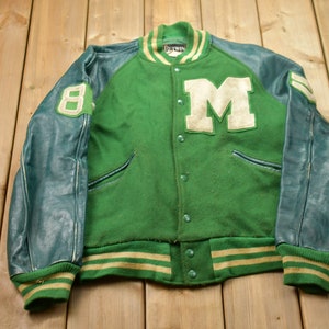 Vintage 1980s Butwin Varsity Lederjacke / Grüne Lederjacke / Letterman Jacke / Made In USA