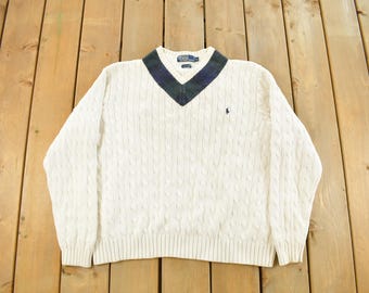 Vintage 1990s Polo Ralph Lauren Cricket Knit V-Neck Sweater Men's Large / 90s Polo / Cable Knit / Preppy