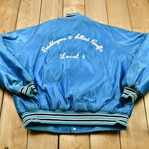 Vintage 1980s Bricklayers & Allied Crafts Chain Stitched Satin Bomber Jacket / Snap Button Jacket / Streetwear / Local 4 / Made In USA