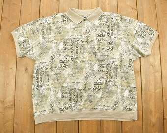 Vintage 1990s Harbor Bay Aztec All Over Print Collared Polo Shirt / Vintage Polo Shirt / Streetwear / Button Up Shirt / Abstract Pattern
