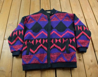 Vintage 1980s Express Knitted Abstract Cardigan Sweater Jacket / Vintage Cardigan / Zip Up / Abstract Pattern / Mountain Knit